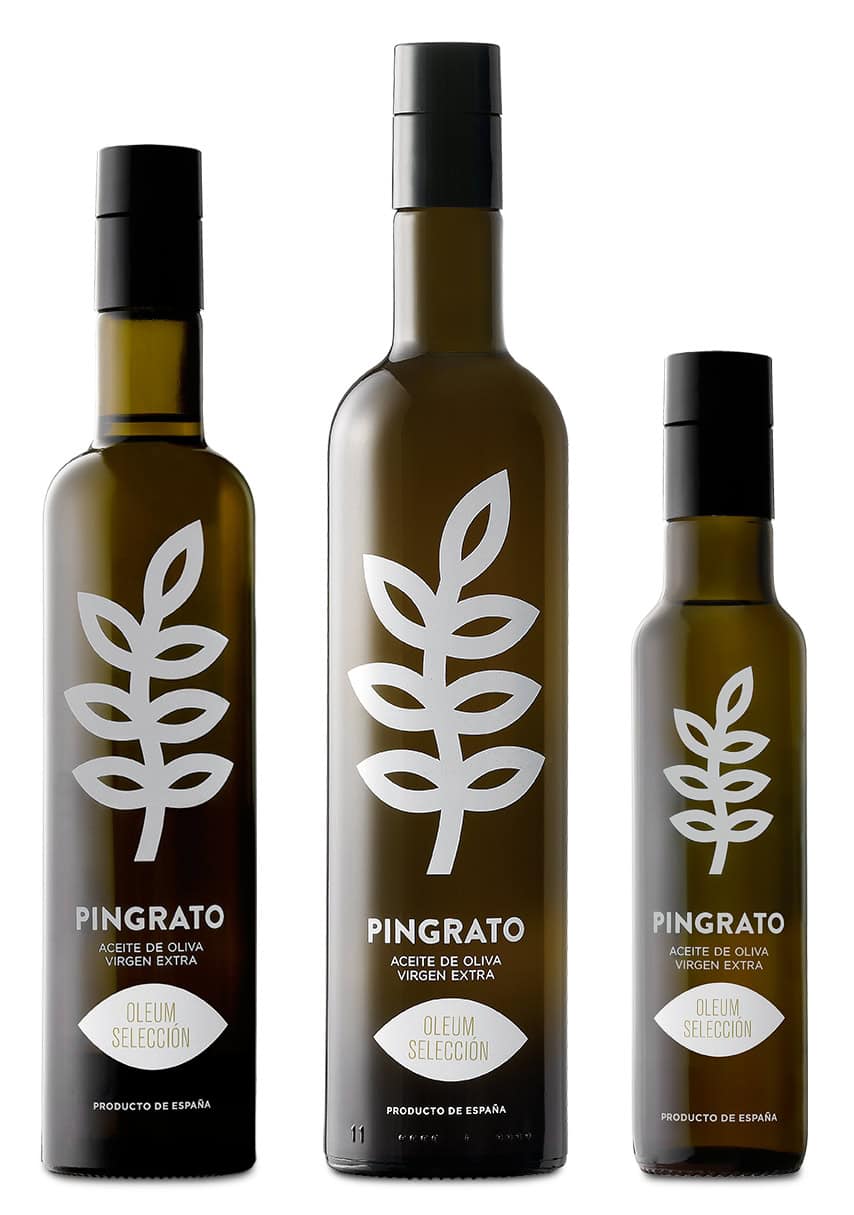 Aceite de oliva virgen extra Pingrato en botellas de diferentes tamaños, ideal para cocinar y ensaladas, producido en España, con calidad premium y sabor intenso.