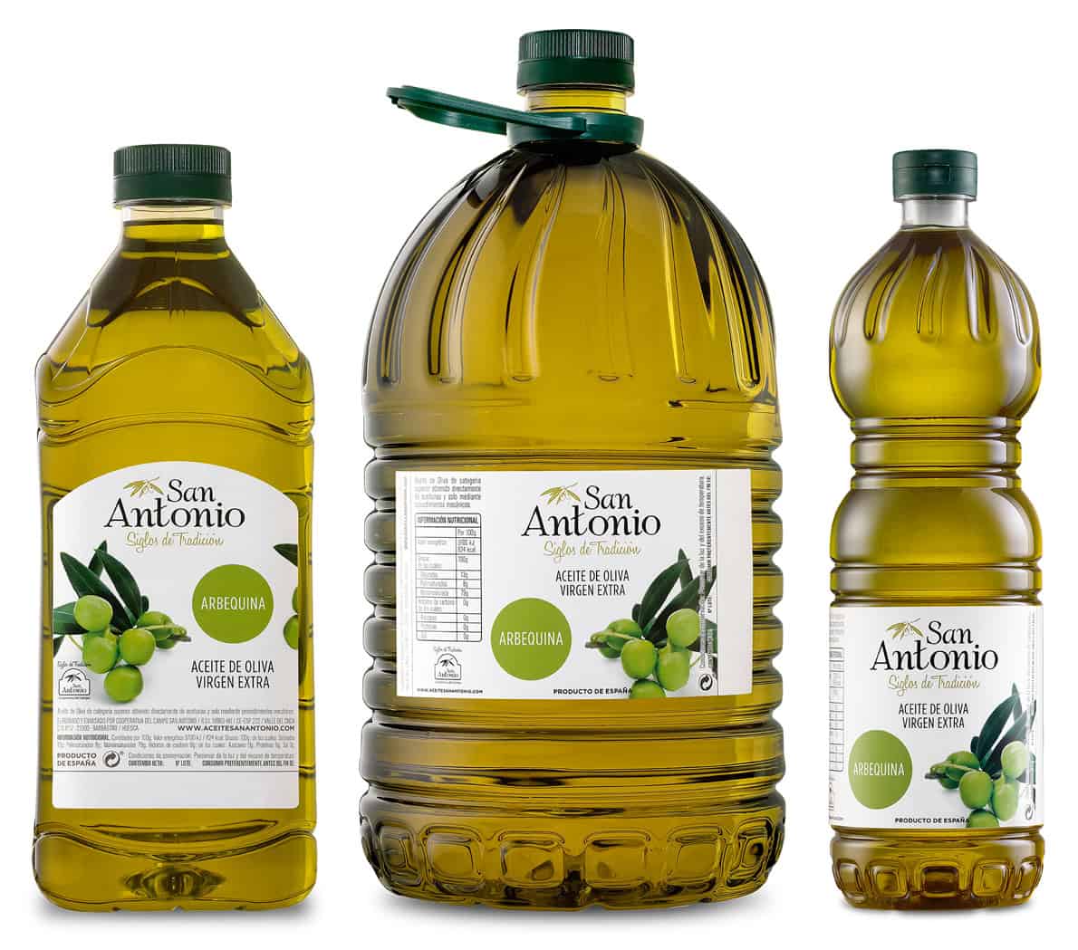 Aceite de oliva virgen extra San Antonio en diferentes envases, destacado por su calidad y pureza, ideal para cocinar y acompañar platos tradicionales españoles.