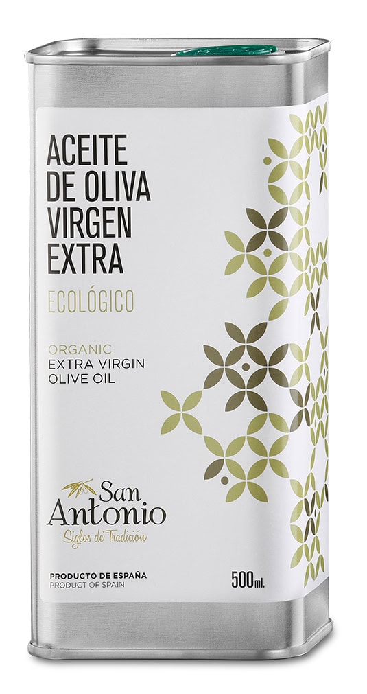 Aceite de oliva virgen extra ecológico en formato de 500 ml de San Antonio, producido en España, ideal para cocinar y ensaladas.