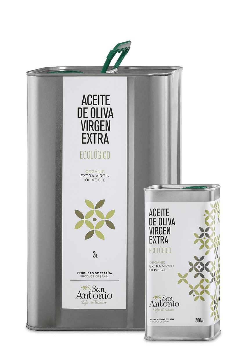 Aceite de oliva virgen extra ecológico en envases de 3L y 500ml, elaborado por San Antonio, producto de España, ideal para una alimentación saludable y natural.