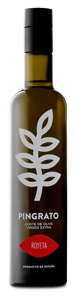 Aceite de oliva virgen extra Pingrato Royeta, botella elegante y premium para cocina saludable y deliciosa.