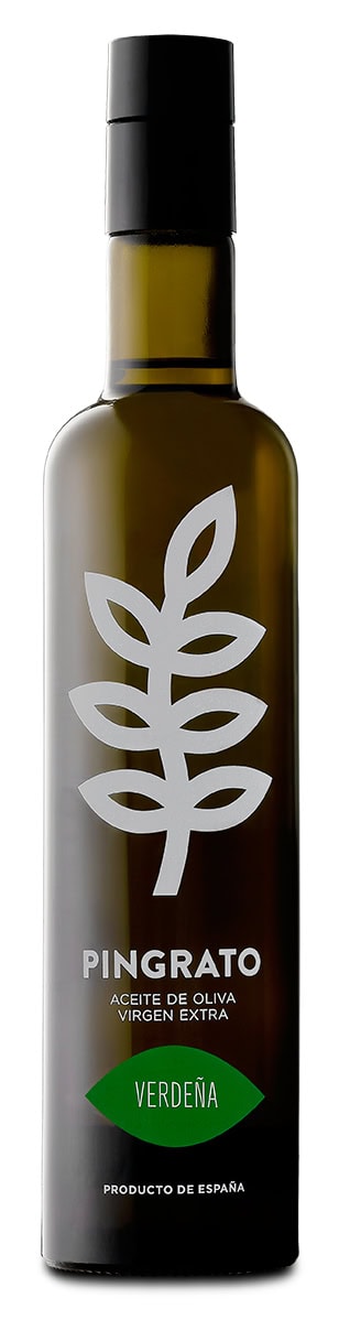 Aceite de oliva virgen extra Pingrato Verdeña, elaborado en España, en botella de cristal oscuro, ideal para enheels y recetas saludables.