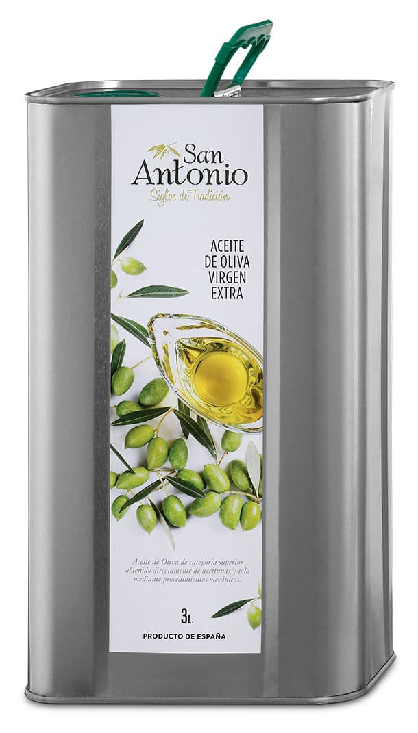 Aceite de oliva virgen extra San Antonio en envase metálico de 3 litros, elaborado con aceitunas seleccionadas, ideal para cocinar saludablemente y realzar sabores en la gastronomía española.