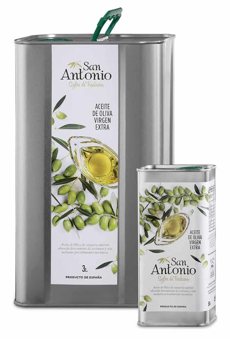 Aceite de oliva virgen extra San Antonio en envases de 3 litros y lata, ideal para cocinar y potenciar tus platos con el mejor aceite de oliva de España.